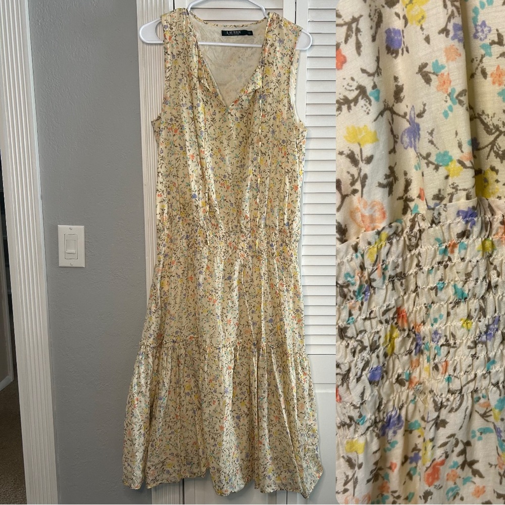 Lauren Ralph Lauren Cream Floral Midi Dress Plus Size 14 Smocked Waist Cotton